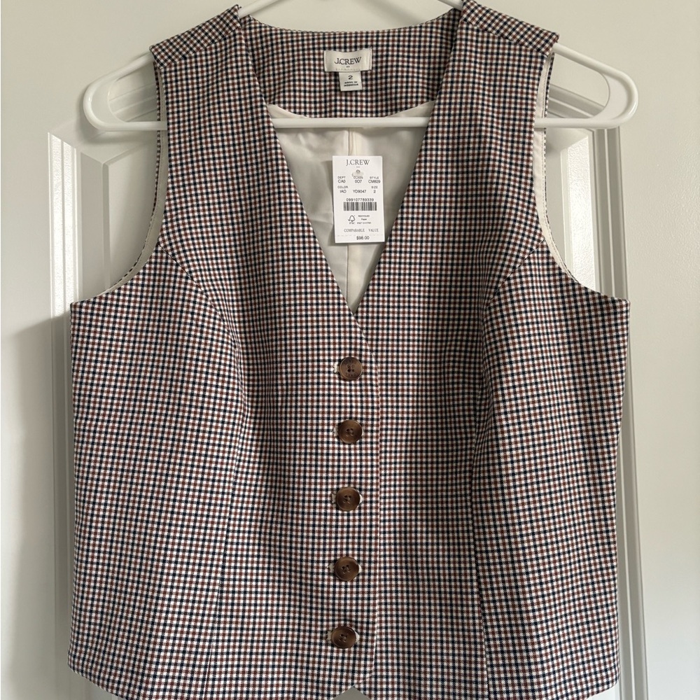 J. Crew Brown & Navy Gingham Tailored Vest